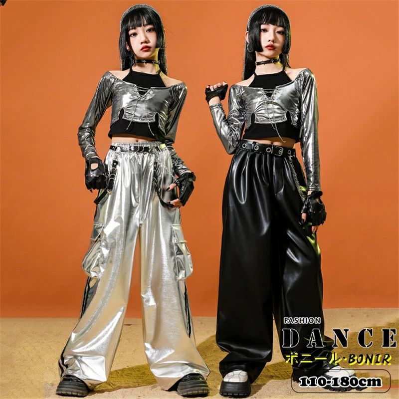 女の子 ダンス衣装 キッズ HIPHOP Y2K チーム衣装 ブラック レザーパンツ 光沢 シルバー 黒 韓国 KPOP ..