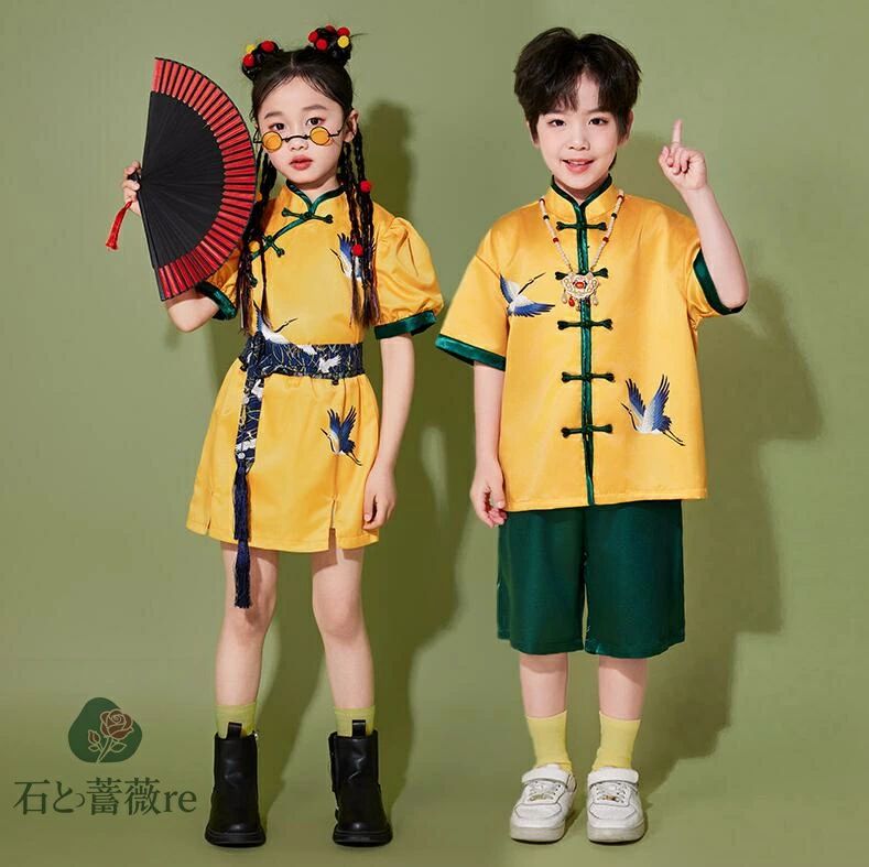Rakuten - 【送料無料】子供中華風ダンス衣装　キッズ漢服唐装　鶴柄半袖シャツ+パンツ（スカート）2点/3点セットアップ　チャイナ風ブラウス　女の子/男の子舞台演出服　幼稚園合唱団 コスチューム イベント ステージ演出hiphopjazzウェア