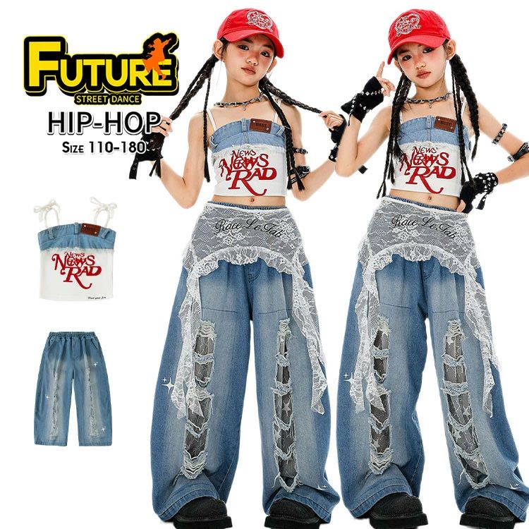 【送料無料】デニムパンツ ダメージ キッズダンス衣装 セットアップ ヒップホップ へそ出し トップス 女の子 タンクトップ キャミソール ベスト デニムパンツ k-pop 衣装 青 ブルー k-pop 韓国 アイドル 衣装 原宿系 応援団 発表会 HIPHOP 演出服 ストリート ダンスウェア ス