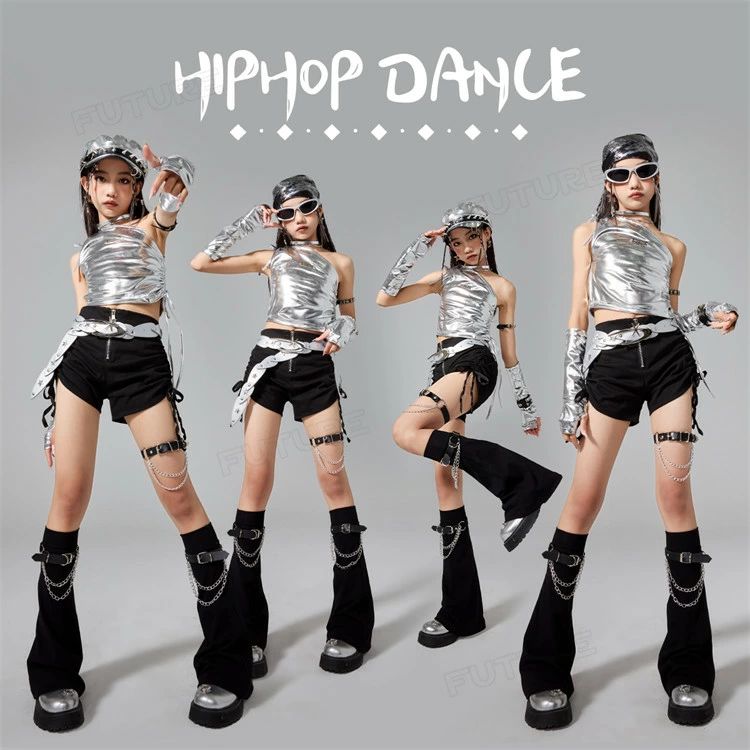 キッズ ダンス 衣装 シルバー へそ出し トップス 女の子 セットアップ 黒 短パンツ...