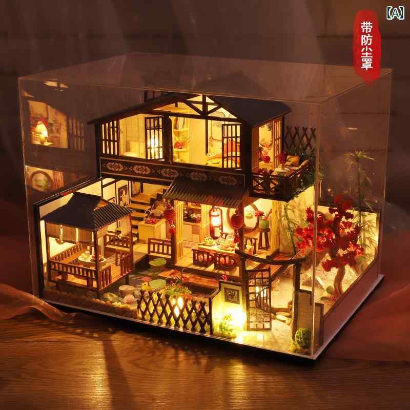 スローネルのミニチュアハウス DIY 手作り 組立式 木製 大邸宅 和風 レトロ ロフト 防塵カバー付き ドールハウス 模型 建築モデル ジオラマ インテリア雑貨 大人向けホビー｜アングル3