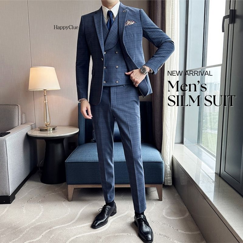 3ピーススーツ メンズスーツ おしゃれ チェック柄 パンツスーツ タキシード 発表会 紳士服 冠婚葬祭 男性用 スリーピース 結婚式 前撮り 礼服 スーツ メンズ ビジネススーツ 通勤 オフィス 面接 就職活動 フォーマル 二次会 同窓会 パーティー 大きいサイズ グレー 黒 青