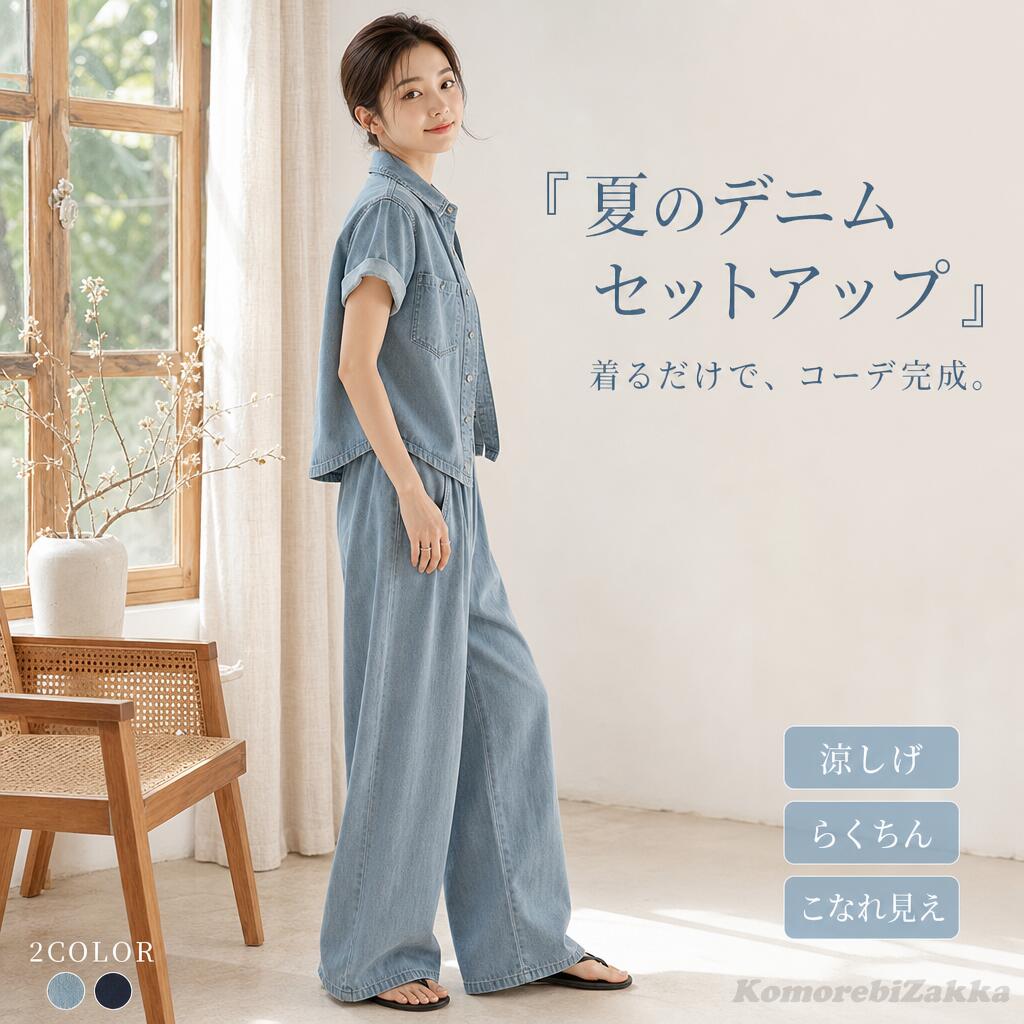 商品紹介これだけでコーデ完成。忙しい朝でも迷わず着られる、デニムセットアップ レディース。半袖シャツとワイドパンツのセットアップで、ラフなのにきちんと見える大人カジュアルスタイルに。ゆったりとしたシルエットで体型カバーも叶え、自然な抜け感を演出します。軽やかな着心地で春夏シーズンにぴったり。通勤やお出かけ、旅行など幅広いシーンで活躍する一枚です。特徴・これ一枚でコーデが完成するセットアップ・半袖デザインで春夏も快適・ゆったりシルエットで体型カバー・ワイドパンツで脚長効果・カジュアルにもきれいめにも着回し可能セット内容トップス＋ボトム（上下セット）素材デニム対象レディース注意事項・サイズは平置き採寸のため、多少の誤差が生じる場合がございます。・モニター環境により色味が異なって見える場合がございます。