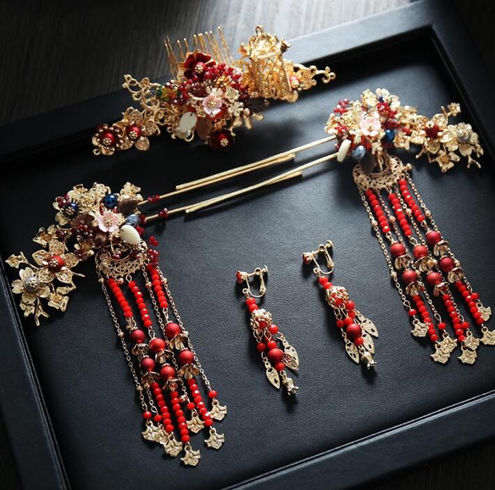 Rakuten - 中国風花嫁髪飾り5点セット　華流コスプレ髪飾りセット 合金ティアラ　フリンジかんざし　イヤリング　チャイナ風コスプレ皇后・お姫様変身グッズ　舞台道具　中華古代宮廷漢服用ヘアアクセサリー　撮影髪飾り　パーティーイベント小物