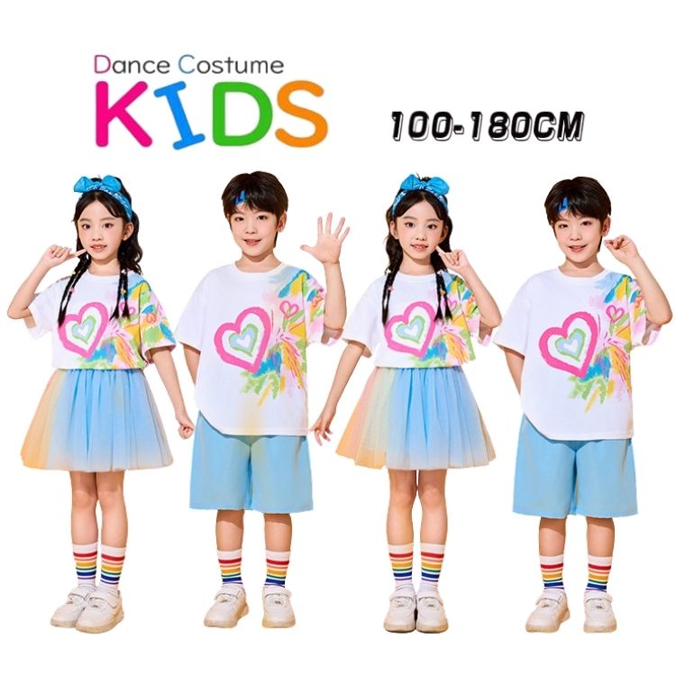 Rakuten - 【送料無料】ブルー ホワイト 柄Tシャツ ミニスカート チアガール キッズ ダンス衣装 子供服 可愛い 半袖 トップス メッシュスカート 短パン ショーツ ギャル 女の子 男の子 HIPHOP JAZZ 幼稚園 団 発表会 舞台服 個性派 K-POP 演出服 練習着 団体服 ステージ衣装 100-180