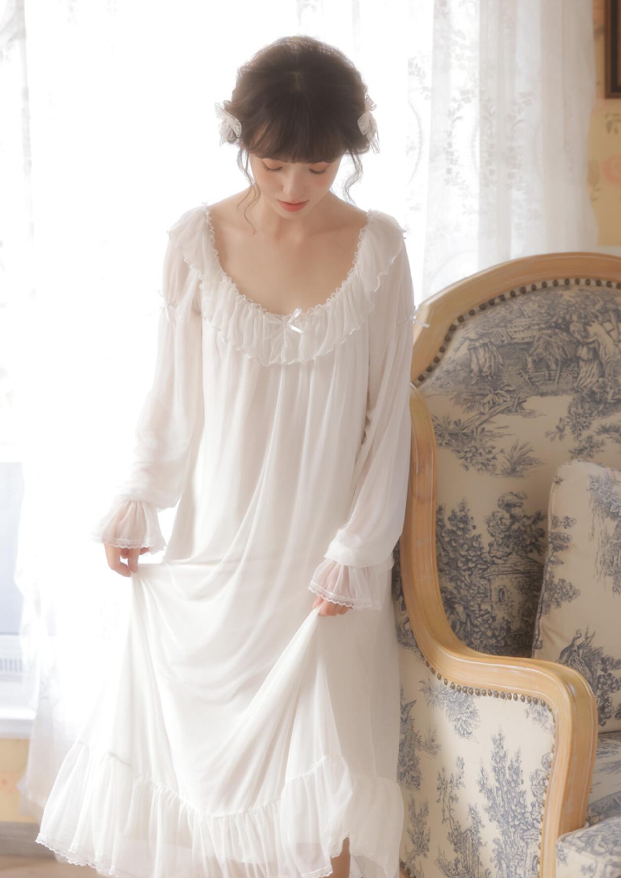 Negligees - 【送料無料】ロングネグリジェ レディース 春新作 長袖 ワンピースパジャマ 可愛い お姫様 ルームウェア ネグリジェドレス フリル付き ゆったり 体カバー チュール 柔らかい 部屋着 ワンピース 寝巻き 淑やか 大人 優しい 春秋向け 白 ピンク S M L XL