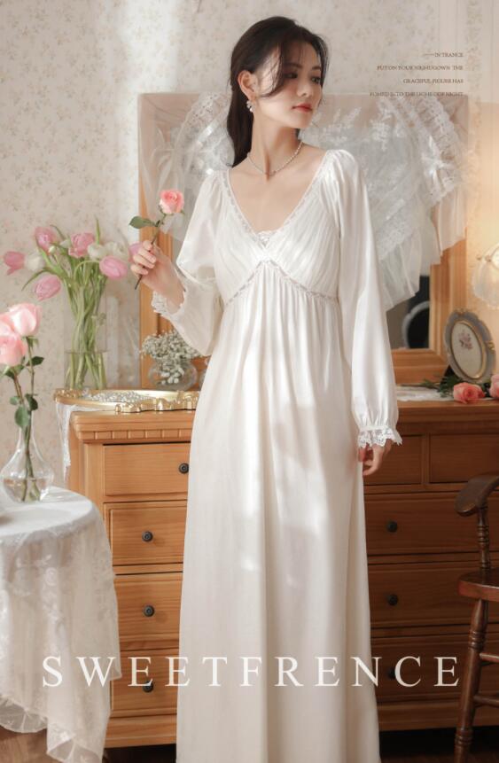 【送料無料】ロング丈 ネグリジェ レディース ワンピース パジャマ 長袖 Vネック 可愛い ロング ネグリ..