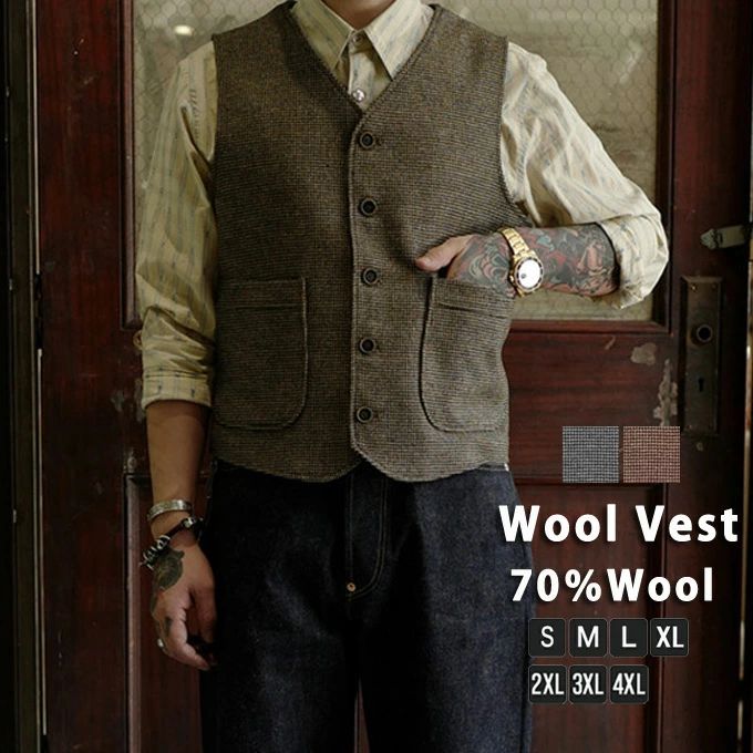 Wool - 【送料無料】ジレ メンズ ジレベスト 秋冬 ツイードベスト メンズ スーツ ジレ ツイード ウール 高品質 暖かい スリム 大きいサイズ シングル 細身 ビジネス 結婚式ベスト フォーマル 紳士 卒業式 男性用 レトロ 春 夏 秋 冬 人気 おしゃれ プレゼント S-4L