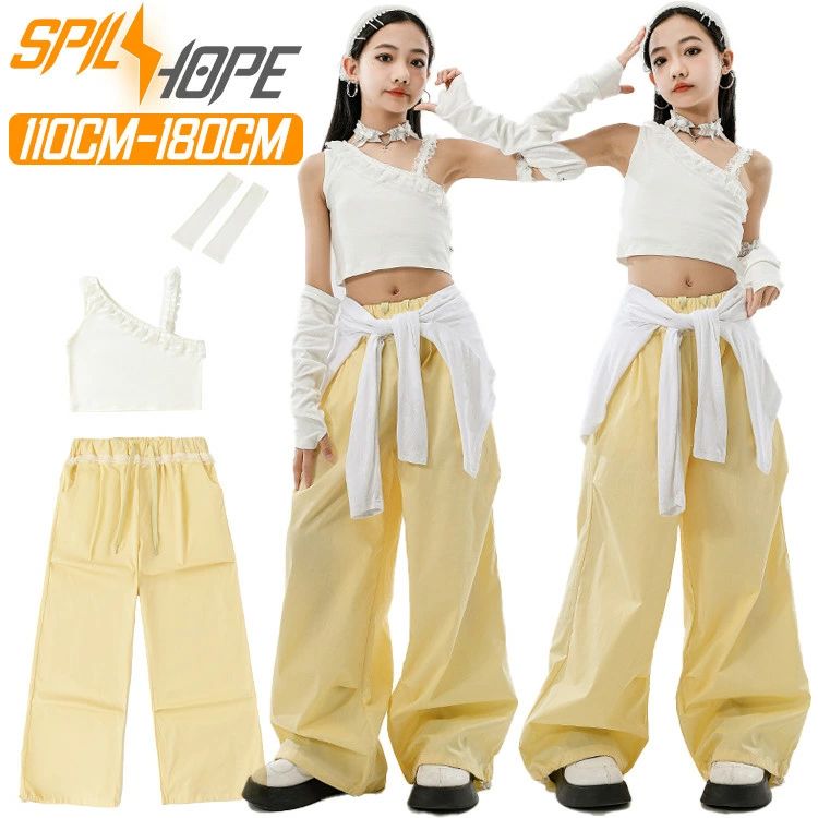 Rakuten - 【送料無料】白色 チア チアガール 女の子 韓国 k-pop キッズ ダンス衣装 セットアップ ダンス 衣装 レース キャミソール 肩だし へそ出し アームカバー トップス イエロー カーゴパンツ サルエルパンツ ロングパンツ ジャズダンス ヒップホップ 発表会 演出服 団体服 練習着