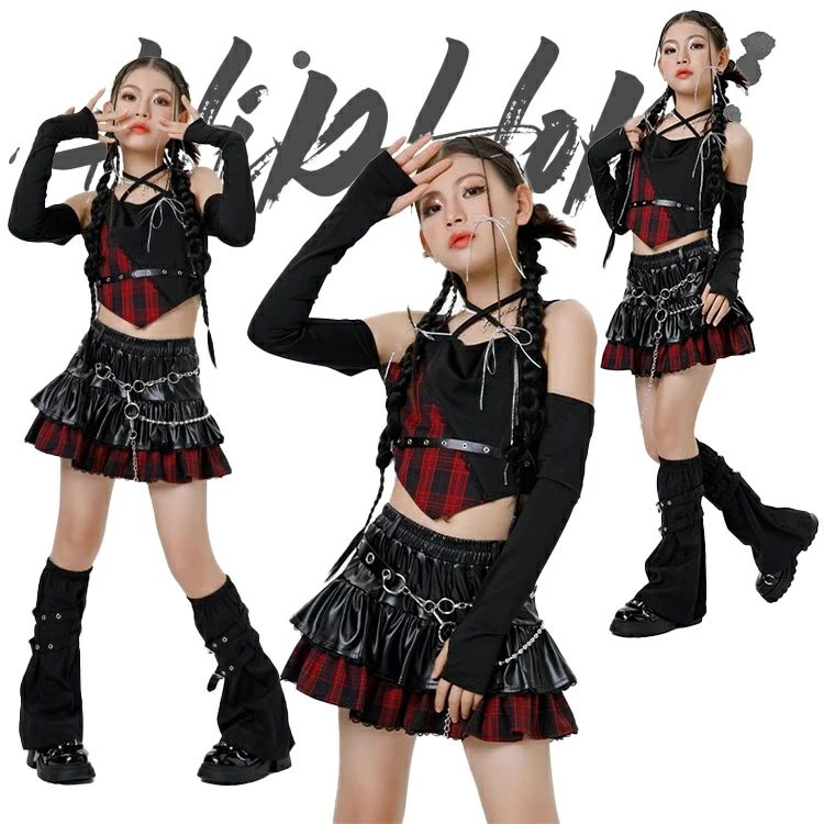 Rakuten - 【送料無料】チェック柄 キッズ ダンス ダンス衣装 赤黒 女の子 ガールズ へそ出し レザー スカート レッグウォーマー ダンスウェア 発表会 応援団 イベント ジュニア カッコイイ 普段着 jazz K-POP オシャレ DANCE 120~170