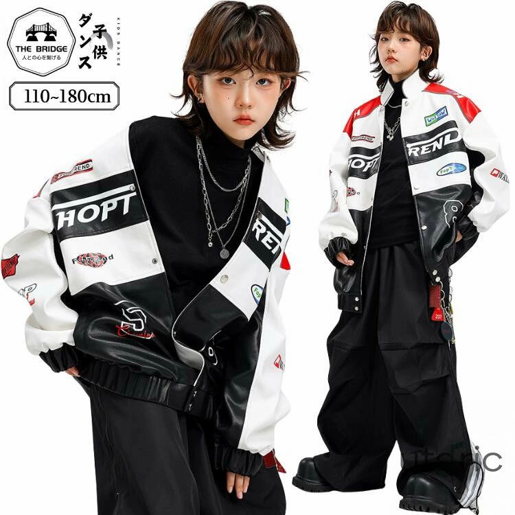 Jacket - 【送料無料】キッズ ダンス 衣装 ジャケット 男の子 女の子 レザー レース風 ヒップホップ Kpop ダンス衣装 子ども 韓国 ストリート 派手 アウター 発表会 赤 白 黒 スタジャン 長袖 PUレザー ダンス衣装 黒赤 レザー ダンス 衣装 アウター 派手