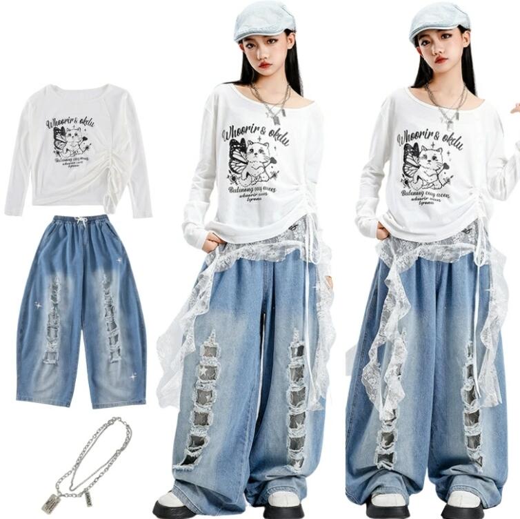 Rakuten - 【送料無料】ダンスパンツ セットアップ デニムパンツ ヒップホップ ストリート系 ステージ衣装 ダンスウェア 発表会用 練習着 ストレッチ 無地 ダメージ 110-180cm キッズ ジュニア 秋冬用