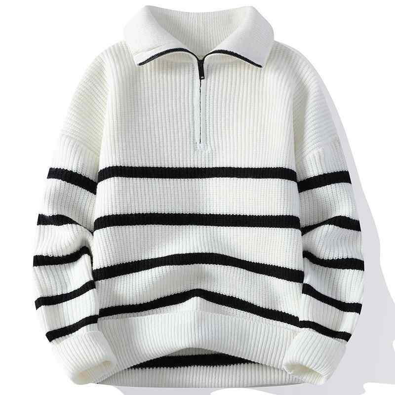 Knit Sweater - 【送料無料】ニット メンズ 秋冬 長袖 ストライプ 襟付き ハーフジップ プルオーバー ゆったり リブ編み カジュアル トップス