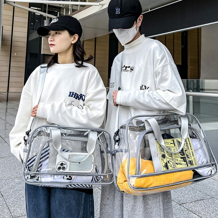 クリアバッグ バッグ バッグ カバン 透明 透明バッグ ビニールバッグ クリア ショルダー 男女兼用 旅行 修学旅行 短期旅行 旅行バッグ 旅行カバン 卒業旅行 出張 1泊 2泊 スポーツ 運動 フィットネス ジム ジムバッグ キャリーオンバッグ 大容量