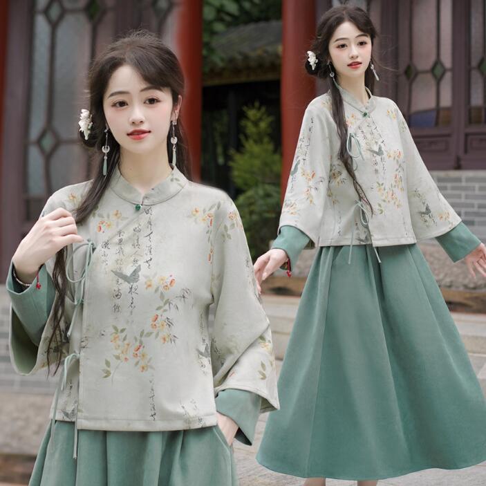 秋冬レディースチャイナ漢服セット　チャイナドレストップス スエード　ロング丈スカート　民国漢服単品/セット　少女風　長袖チャイナブラウス　舞台ダンスウェア 通常着　発表会 二胡演奏　ステージ衣装 太極拳服ウェア　エスニック