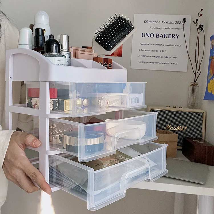 スローネルの【送料無料】卓上収納ケース 引き出し 化粧品収納 収納ボックス プラスチック 透明 2段 3段 4段 小物収納 小物入れ デスク収納 机上収納 積み重ね 机上ラック 収納用品｜アングル3