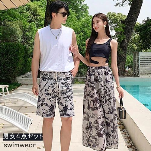 Rakuten - 【送料無料】カップル水着 男女4点セット ペア水着 ビキニ セパレート 水着 ペアルック お揃い服 可愛い レディース メンズ ハーフパンツ ビーチパンツ サーフパンツ 恋人 プレゼント 海 プール ビーチ リゾート 海外 新婚旅行 ピンク