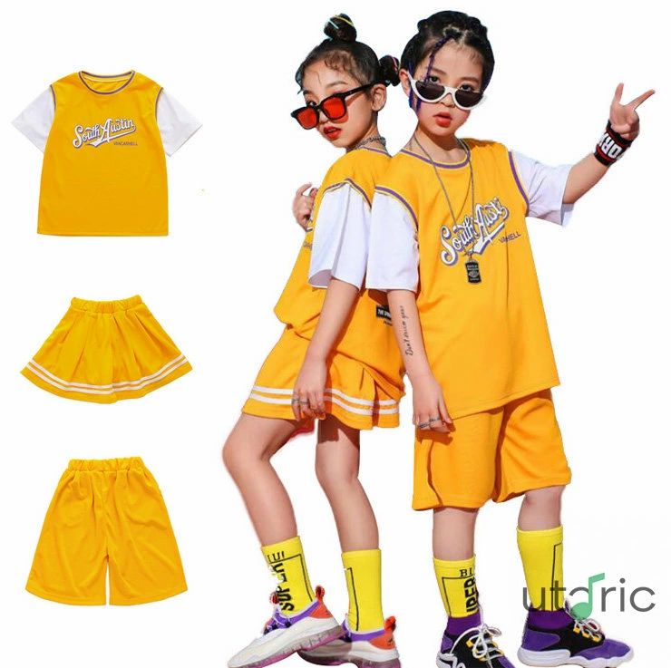 Rakuten - 【送料無料】バスケットボール服 ダンス 練習着 キッズ セットアップ 子供 ダンス衣装 韓国 チア 女の子 スカート 男の子 パンツ キッズダンス衣装 セットアップ 体操服 演出服 小学生 黄色 紫