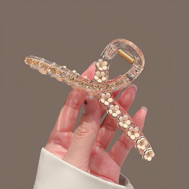 Rakuten - 【送料無料】ヘアクリップ レディース 女性用 高級感 エレガント 上品 花モチーフ アクリル製 ラインストーン 大きめ バンスクリップ シャーククリップ まとめ髪 アップヘア 髪留め 普段使い お出かけ ブラウン グレー