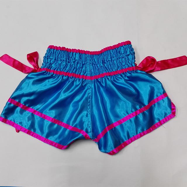 81 サテン ムエタイ ボクシング パンツ 水色桃リボン /キックボクシング/トランクス/大人用