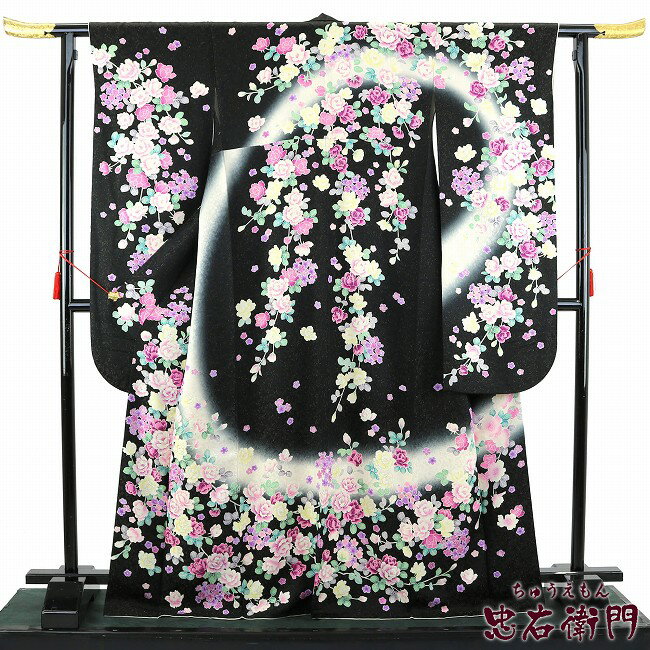 【中古】 振袖 送料無料 リサイクル レディース フォーマル 正絹 単品 裄丈66cm ブラック バラ 梅 銀駒刺繍 中古着物 リサイクル着物 即日発送