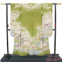 【中古】 振袖 アンティーク リサイクル 着物 成人式 結婚式 卒業式 舞台 販売 五つ紋 五三の桐 レディース フォーマル 正絹 緑 御所車 花柄 牡丹 桜 菊 裄丈63cm 忠右衛門 送料無料 あす楽対応