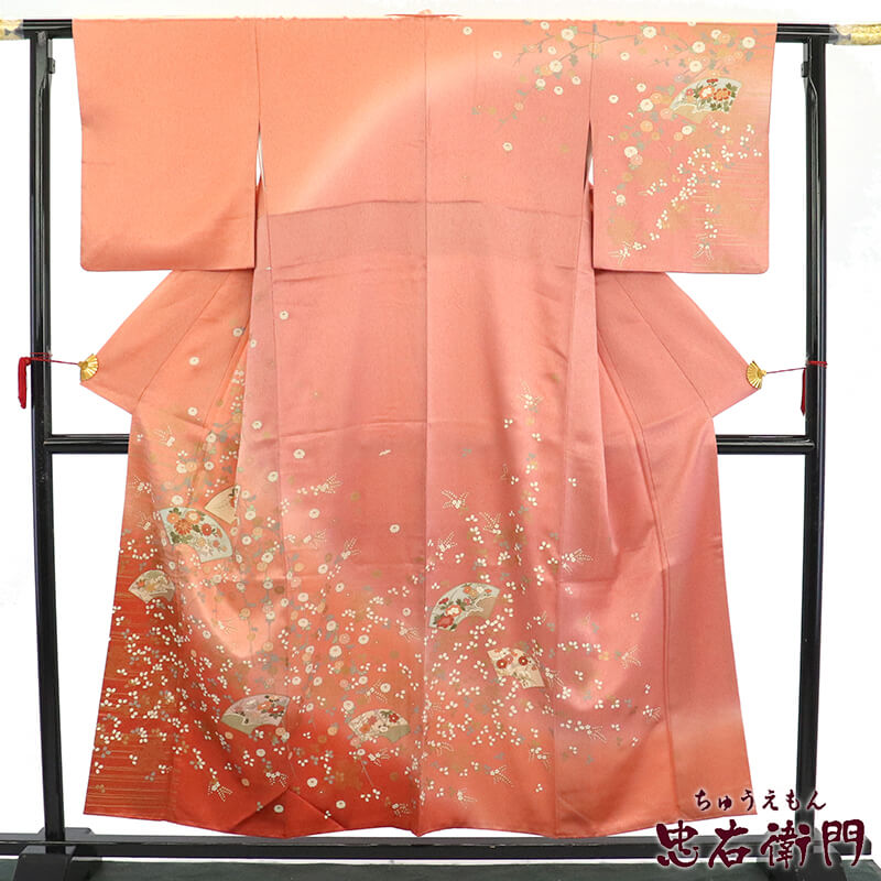 リサイクル着物 リサイクル 訪問着 レディース 正絹 ピンク 綸子 華やか 地紙 身丈158cm 裄丈65.5cm 仕立て上がり着物 【中古】 送料無料 即日発送