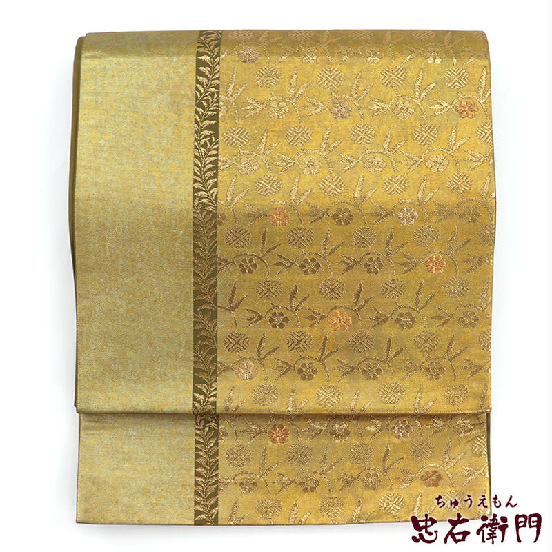 【中古】 袋帯 ふくろ帯 リサイクル レディース 正絹 金 笹蔓文 シンプル 長さ431cm 幅31cm 仕立て上がり帯 リサイクル帯 送料無料 即日発送