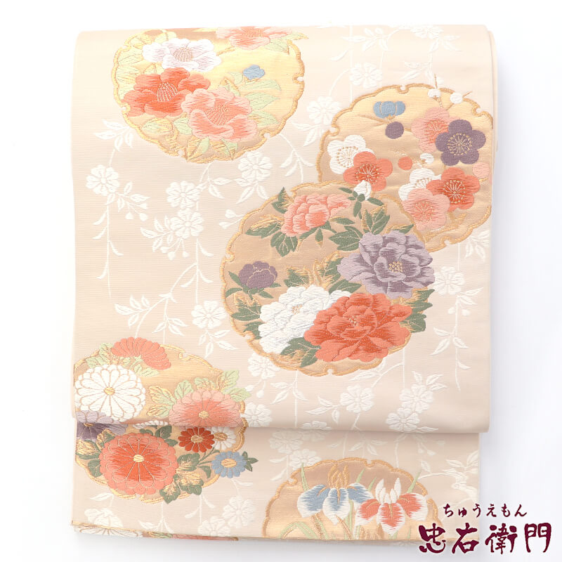 【中古】 袋帯 ふくろ帯 リサイクル レディース 正絹 白 雪輪 菊 牡丹 梅 椿 菖蒲 長さ424cm 幅31cm 仕立て上がり帯 リサイクル帯 即日発送