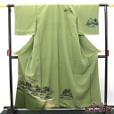 【中古】訪問着 レディース 正絹 緑 風景柄 身丈164cm 裄丈65cm 仕立て上がり着物 リサイクル着物 リユース着物 即日発送