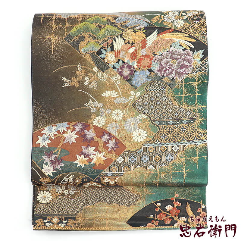 【中古】 袋帯 ふくろ帯 リサイクル レディース 正絹 金 緑 箔ぼかし 地紙 古典文様 長さ438cm 幅31cm 仕立て上がり帯 リサイクル帯 送料無料 即日発送