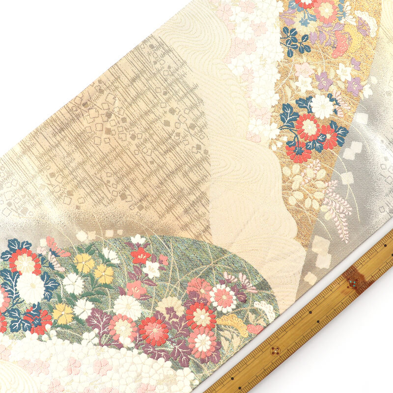 【中古】 袋帯 礼装用 ふくろ帯 リサイクル レディース 正絹 金ベージュ 遠山 長さ436cm 幅31cm 仕立て上がり帯 リサイクル帯 即日発送