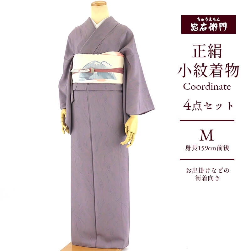 リサイクル着物 リサイクル 着物コーデセット 小紋 名古屋帯 4点セット レディース 正絹 紫 綴れ オフ白 墨流し 遠山柄 身丈161.5cm 裄丈63.5cm 仕立て上がり着物 カジュアル 【中古】 送料無料 即日発送