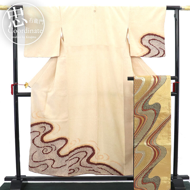 樂天商城 - 【中古】 絞り付下げ 袋帯 2点セット リサイクル レディース 正絹 ベージュ 金 フォーマル 上品 身丈157cm 裄丈64.5cm 仕立て上がり着物 リサイクル着物 リユース着物 送料無料