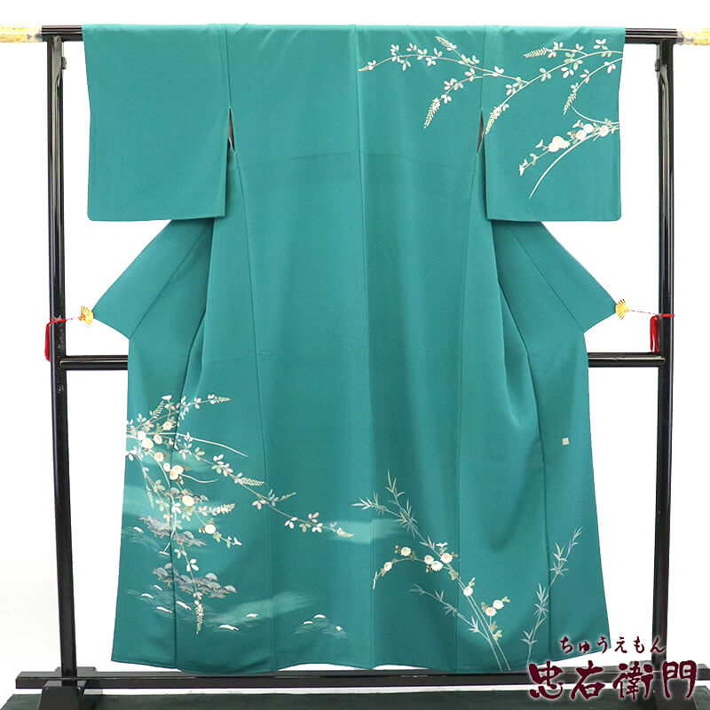 【中古】 付下げ フォーマル レディース 正絹 青緑 秋草文 波文 松 身丈157.5cm 裄丈64.5cm 仕立て上がり着物 リサイクル着物 リユース着物 中古着物 即日発送