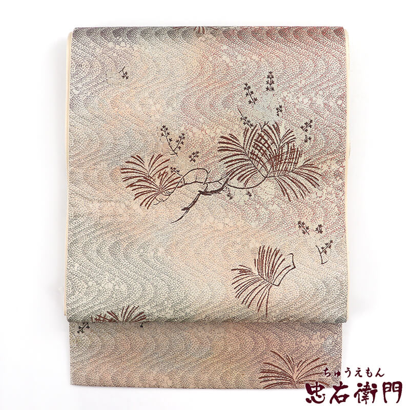 【中古】 袋帯 フォーマル 礼装 リサイクル 正絹 六通柄 灰ベージュ 長さ439cm 幅31cm 観劇 パーティ 和装 着物 仕立て上がり リサイクル帯 即日発送