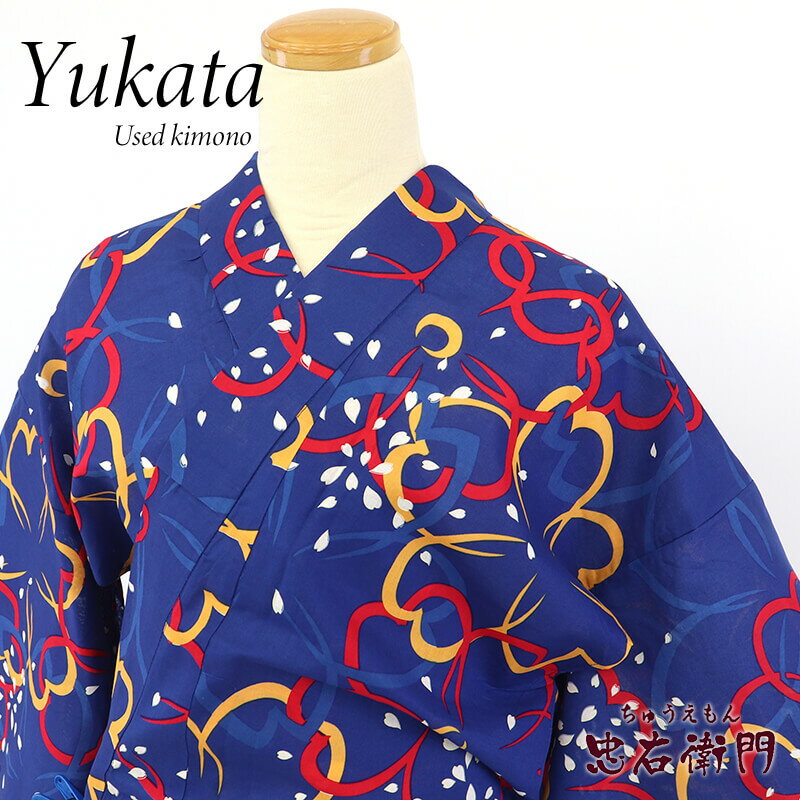 【2025年夏物クリアランス】【新中古】 浴衣 ゆかた レディース 綿 紺 花柄 身丈173cm 裄丈67cm 夏祭り 花火 夏 大きいサイズ ゆったりサイズ リサイクル着物 リユース着物 中古着物 即日発送