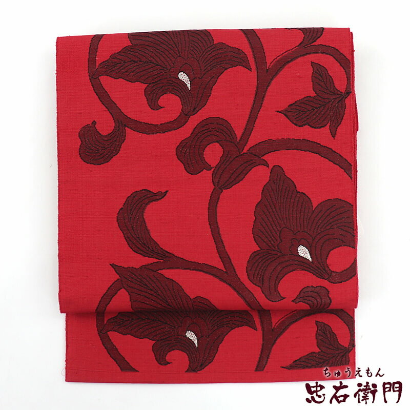 【中古】 名古屋帯 正絹 八寸帯 赤桃 唐草 長さ358cm 幅31cm リサイクル 和装 普段使い おしゃれ着向き 着物 仕立て上がりリサイクル帯 即日発送