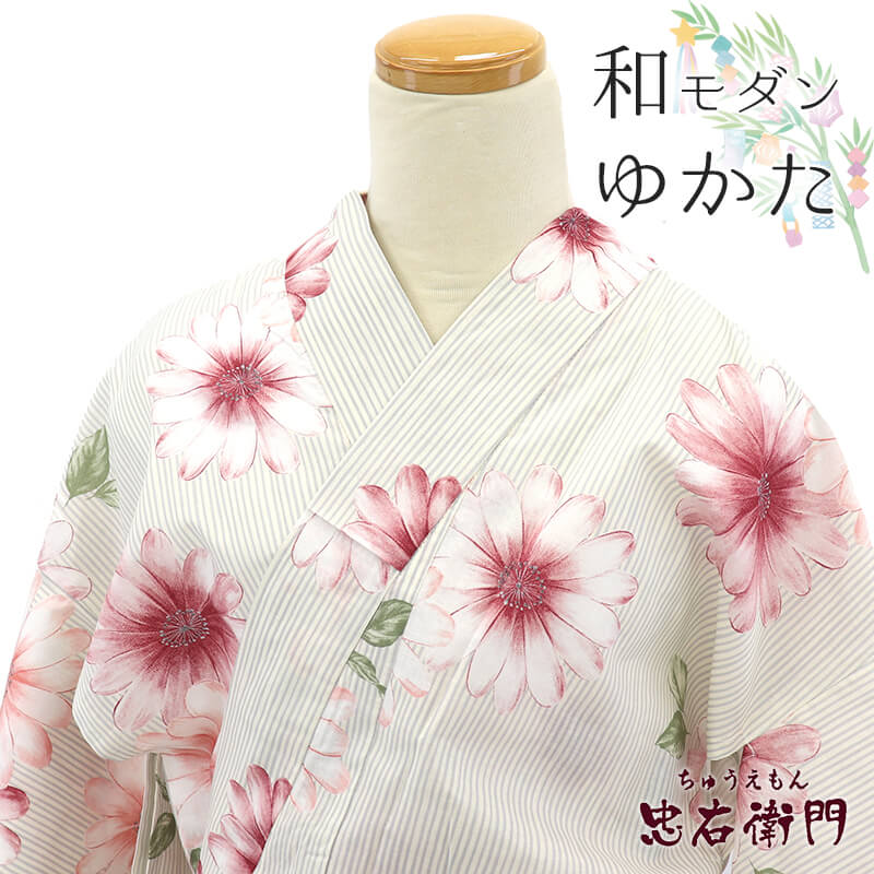【新古品】 浴衣 ゆかた レディース 綿・コットン 白ベージュ 花柄 身丈166cm 裄丈65cm 花火 夏祭り 納涼祭 フリーサイズ リサイクル着物 リユース...