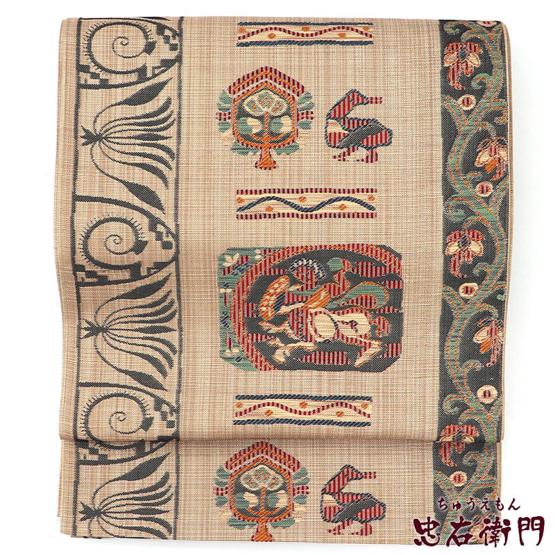 【中古】 袋帯 洒落用 おしゃれ袋帯 正絹 六通柄 ベージュ 鳥 オリエンタル柄 長さ432cm 幅30.5cm リサ..