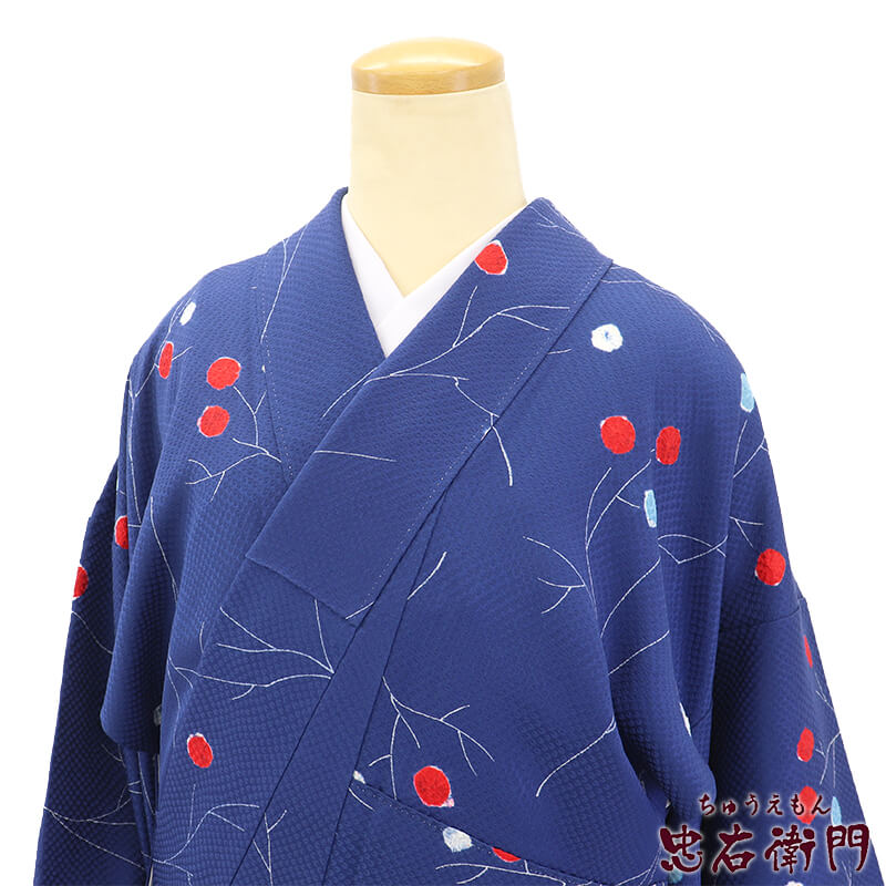 【中古】 小紋 袷 レディース 正絹 紺 枝花 部分絞り 身丈169cm 裄丈67cm カジュアル トールサイズ Lサ..