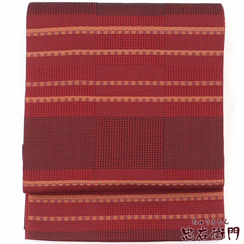 【中古】 京袋帯 化繊 全通柄 臙脂 市松柄 段々柄 長さ385cm 幅31cm リサイクル 和装 普段使い おしゃれ着向き 着物 仕立て上がりリサイクル帯 即日発送