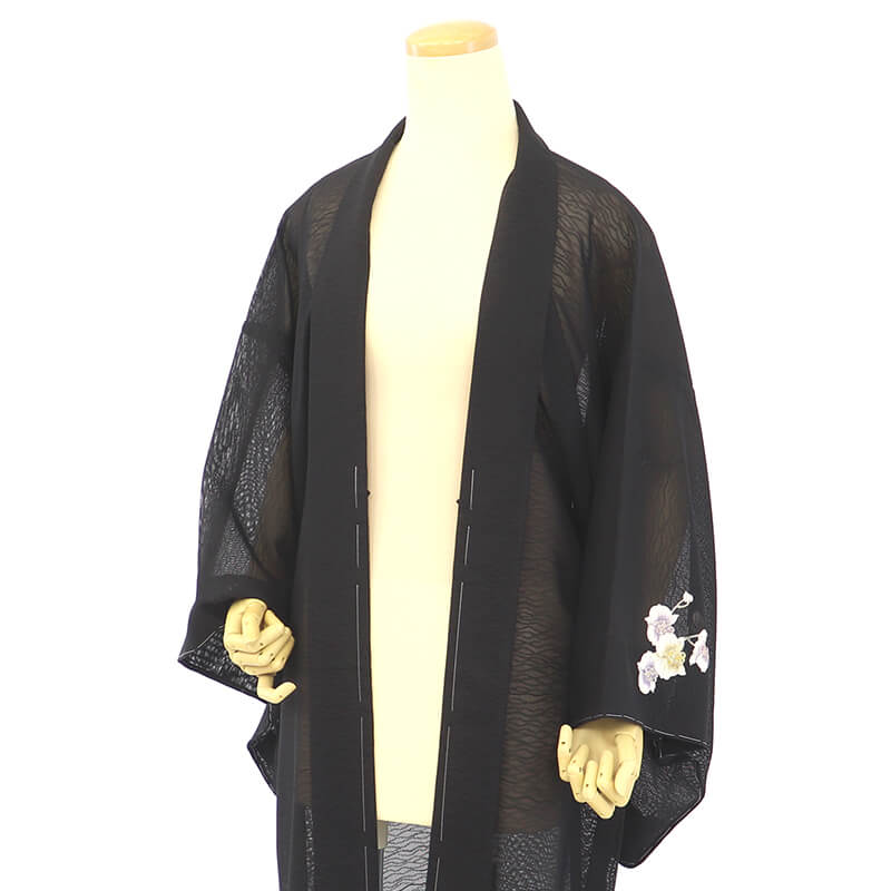 【中古】 紗 男羽織 透け感 メンズ正絹 黒 蘭 花柄 ポイント 身丈105cm 裄丈69cm カジュアル 夏向き S〜Mサイズ相当 リサイクル着物 リユース着物 中古着物 送料無料 即日発送