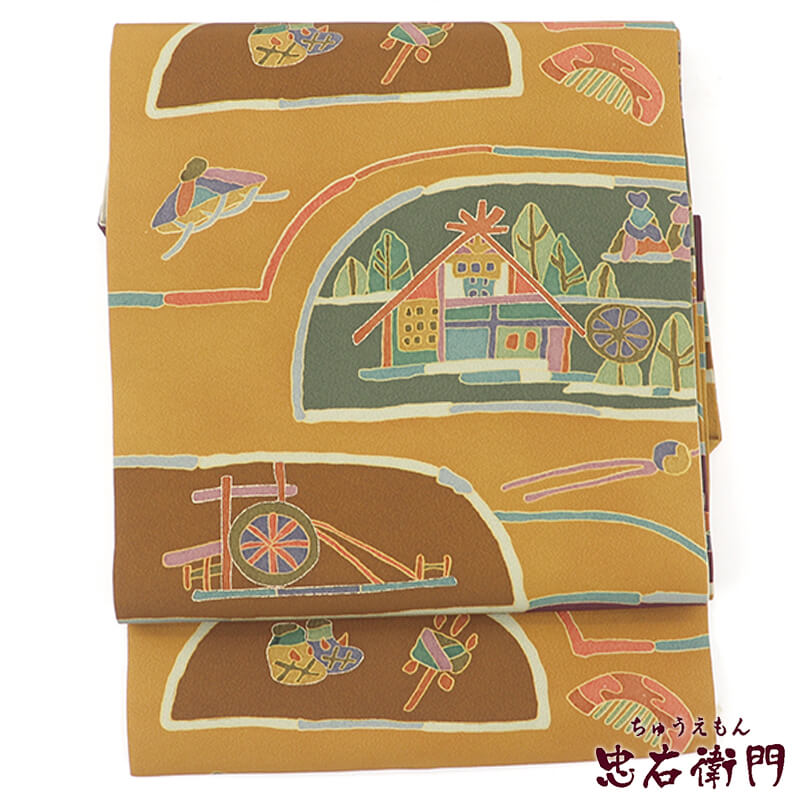 【中古】 名古屋帯 正絹 九寸帯 全通柄 芥子 風景柄 長さ376cm 幅30.5cm リサイクル 和装 普段使い おしゃれ着向き 着物 仕立て上がりリサイクル帯 即日発送