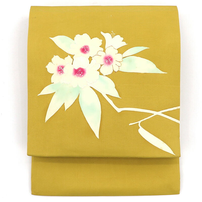 【中古】 名古屋帯 正絹 九寸帯 お太鼓柄 芥子 花柄 長さ350cm 幅31cm リサイクル 和装 普段使い おし..