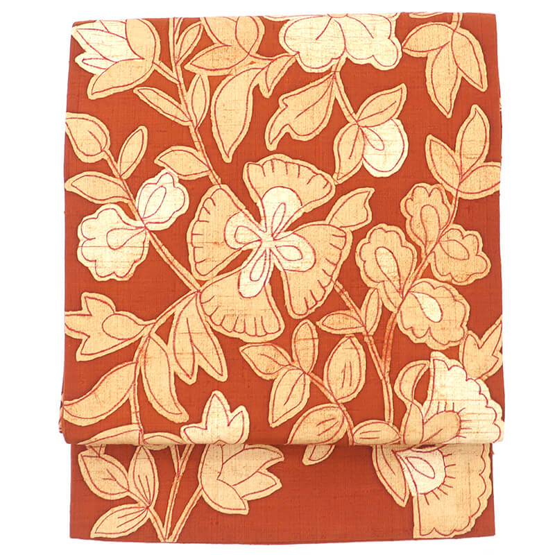 【中古】 名古屋帯 染め紬 正絹 九寸帯 六通柄 煉瓦茶 花柄 モダン柄 ゆったりサイズ 長さ386cm 幅30cm..