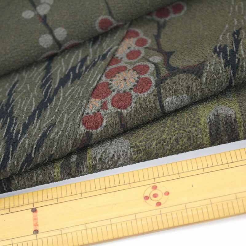 【楽天スーパーSALE★ポイント10倍】リサイクル着物 小紋 中古 レディース 化繊カーキ 梅 シック 縮緬身丈162cm 裄丈67cm 仕立て上がり着物 カジュアル リサイクル着物 あす楽対応 【楽天スーパーSALE★ポイント10倍】【中古】