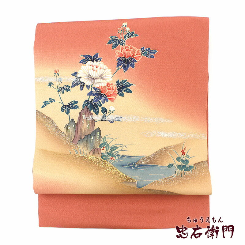 【中古】 名古屋帯 なごや帯 縮緬 染め帯 リサイクル レディース 正絹 ピンク 牡丹 風景柄 長さ368cm 幅31cm 仕立て上がり帯 カジュアル リサイクル帯 あす楽対応