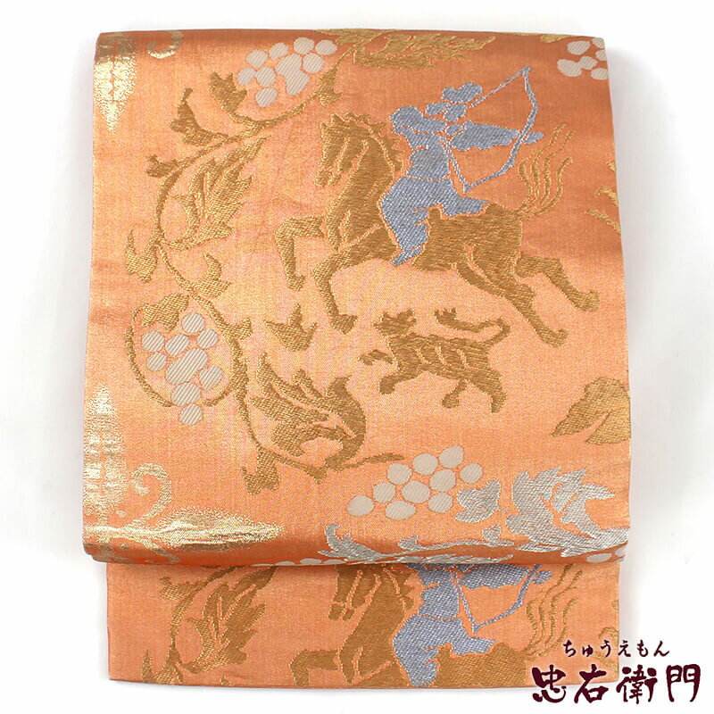 【中古】 名古屋帯 なごや帯 リサイクル レディース 正絹 朱金 狩猟文 長さ344cm 幅29cm 仕立て上がり帯 リサイクル帯 即日発送