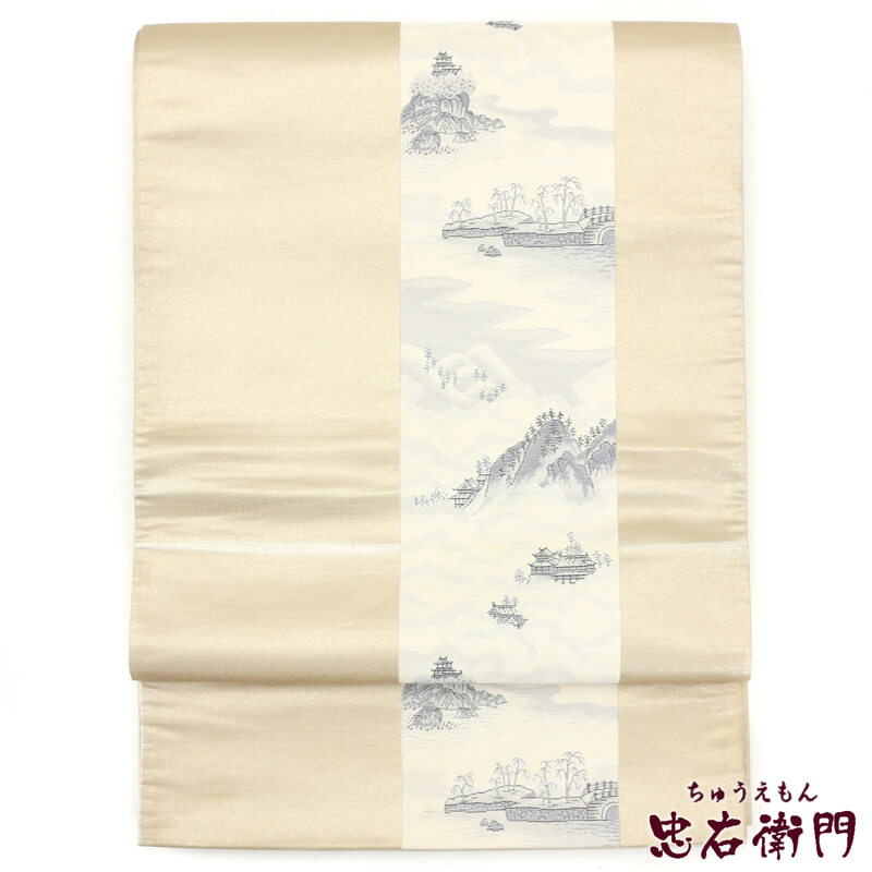 【中古】 袋帯 ふくろ帯 紹巴（しょうは） 風景柄の袋帯 リサイクル 正絹 フォーマル ベージュ レディース 長さ441cm 仕立て上がり 送料無料 即日発送